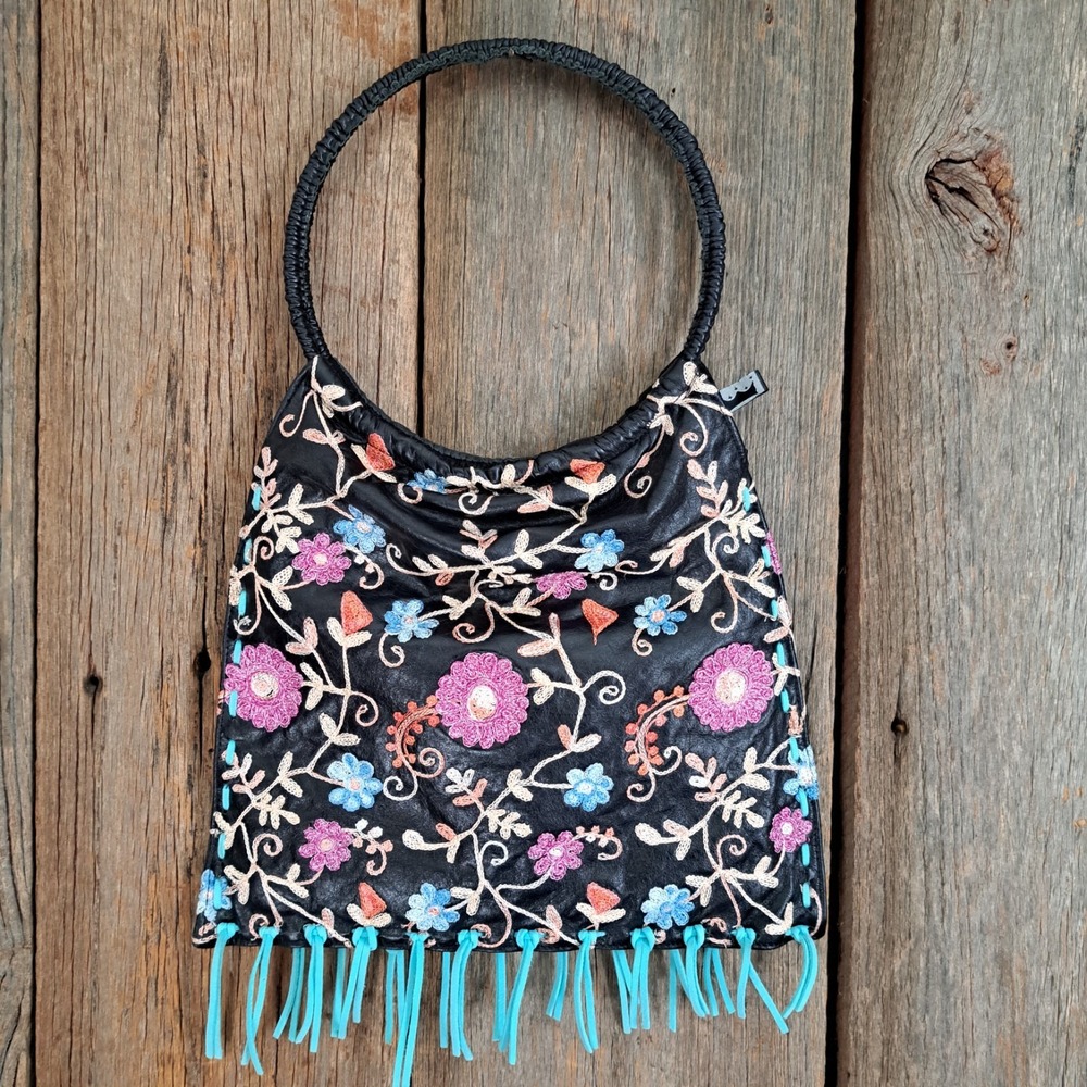 Whimsigoth Cottage Folk Art Embroidered Circle Handle Leather Fringe Bag S Leal